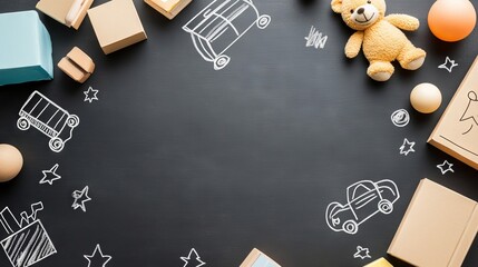 Fototapeta premium 97.Chalkboard with childish drawings, kids toys, balls, teddy bear, cars, books, cubes, and blocks