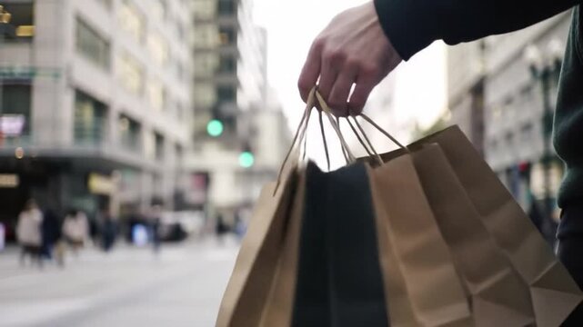 A close-up shot of an unrecognizable person's hand holding a bundle of brown paper shopping bags while standing on a bustling city street.