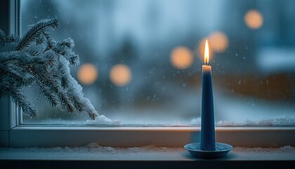 Glowing blue taper candle illuminates a snowy windowsill with frosted evergreen branches visible through the glass