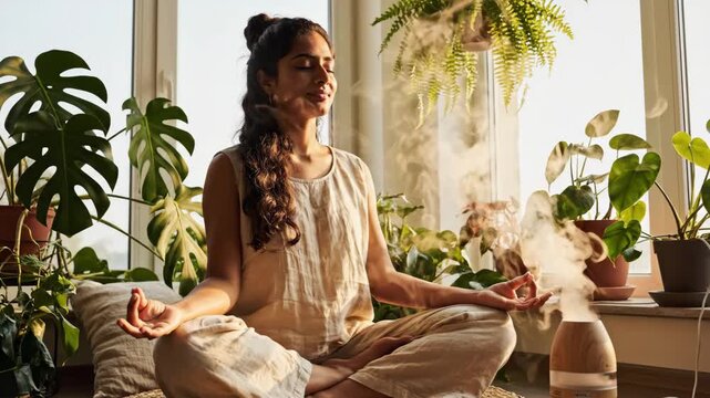 Woman Meditating at Home with Aroma Diffuser - A woman is meditating in a serene room filled with plants, sitting cross-legged with her eyes closed.