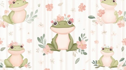 17.Vibrant and playful seamless vector design of charming frogs with floral crowns and pastel outfits, arranged symmetrically on a pale striped background.