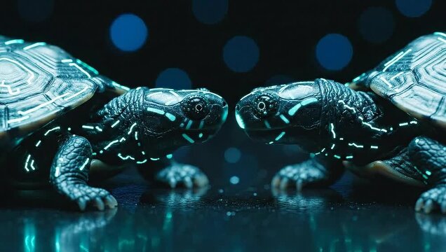 A pair of bio-luminescent cybernetic turtles confront each other on a reflective surface with a dark, bokeh background