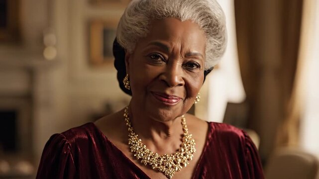 Elegant Woman with Gold Necklace - A sophisticated mature woman with elegant gray hair wearing a maroon velvet dress and a dazzling gold statement necklace.