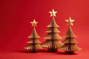 Three folded paper holiday decorations with golden stars rest against a vivid red background