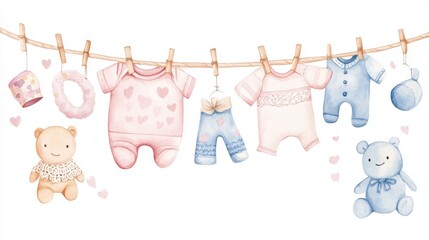 6.Vintage-style watercolor illustration of a country-inspired clothesline with soft pastel baby clothes, small plush toys, and lace details, hanging gently against a bright white background.