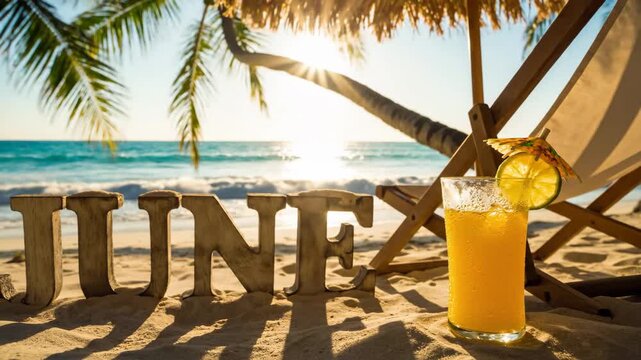June Vacation at a Tropical Beach - A refreshing glass of orange juice sits on a sandy tropical beach next to the wooden word "JUNE" and a beach chair.