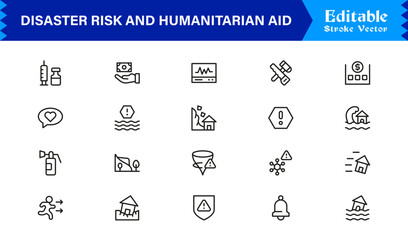 Disaster Risk And Humanitarian Aid Line Icon Set With Modern Minimal Style And Unique Editable Vector Icons For Clear Communication
