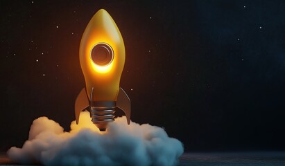A yellow rocket taking off with a light bulb at the bottom against a dark background for business startup and success concepts.
