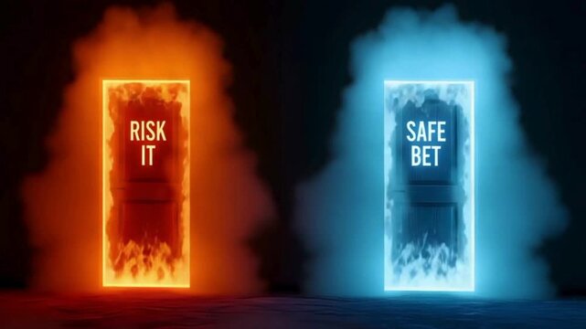 Vibrant risk versus safe bet doors glowing in dark room, a daring business choice that sparks innovation and strategy for future success