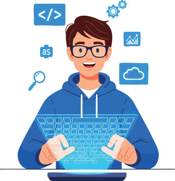 Illustration of a young man in a blue hoodie interacting with a glowing laptop surrounded by coding and cloud computing icons on a white background.