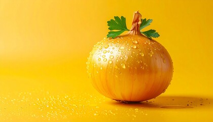 Fresh Yellow Onion with Water Droplets and Parsley Leaf on Vibrant Yellow Background