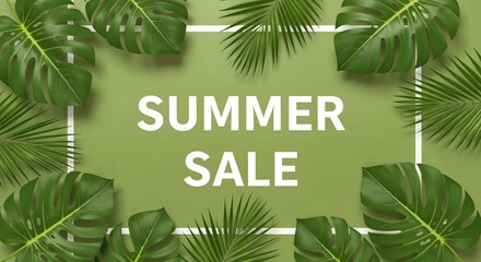 Summer Sale Season's Greetings: A vibrant promotional graphic announces a summer sale, surrounded by lush tropical leaves, a refreshing visual cue for warm weather deals.