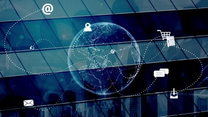 Visualization of global digital communication and online across multiple platforms, including global network, digital network, communication network, and online network. Marrow - Powered by Adobe