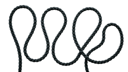 A thick dark grey braided rope coiled into a decorative pattern on a transparent background isolated on transparent background