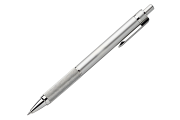 Silver metal mechanical pencil with textured grip for writing isolated on a transparent background