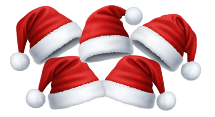 A set of red Santa hats isolated on a transparent background, soft fur texture, vibrant red fabric, ultra realistic detail, clean edges, high resolution PNG.