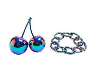 Iridescent Chrome Cherries And Futuristic Metallic Chain Link Geometry Isolated On A Solid Black Background Representing Abstract Digital Art And Y2K Aesthetic Style Design Elements