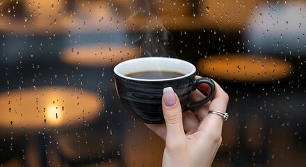 Steaming coffee cup against rainy cafe window in autumn