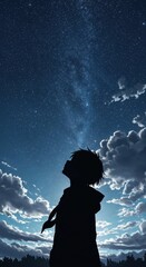 Fototapeta premium Stargazing Silhouette: A solitary figure, a boy, silhouetted against a breathtaking night sky speckled with stars, contemplates the vastness of the universe.