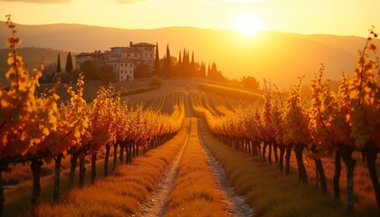 Fototapeta premium The image captures a picturesque autumn vineyard in Tuscany, Italy