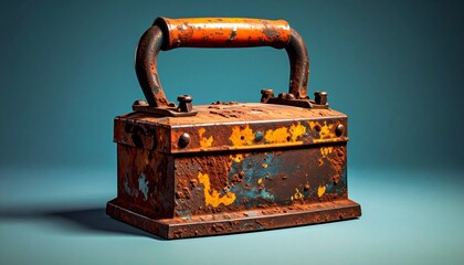 Rusty Vintage Iron Box with Handle on Teal Gradient Background Highlighting Industrial Decay and Texture