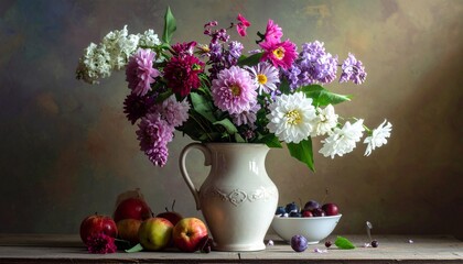 Ceramic Pitcher with Floral Bouquet and Red Apple on Wooden Surface by Sunlit Window