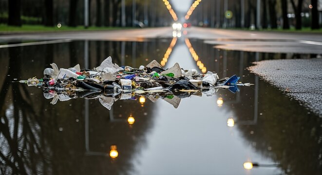 Floating plastic cups, bottles and street garbage collected in large puddle on empty road, reflection of lights emphasizing urban pollution, careless littering and stormwater contamination