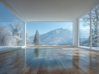 Bright winter morning in a spacious modern room with mountain view and frosty trees