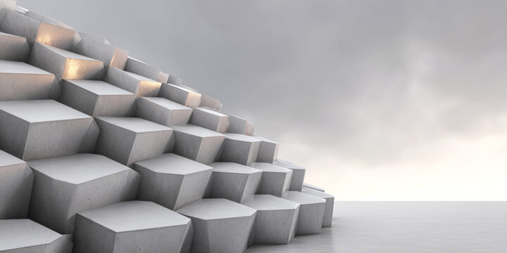 Contemporary concrete structure with geometric patterns reflecting light against a cloudy sky