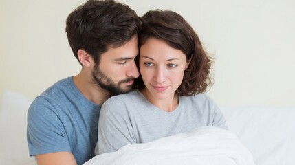 A man comforting a woman, resting his shoulder against hers. A young couple in bed, feeling down at home
