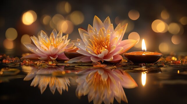 happy diwali celebration greeting card with diya lamps lotus flower and golden bokeh background 2026 - Powered by Adobe