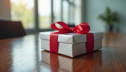 Wrapped gift box with red ribbon on wooden table in executive office