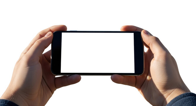 Hands holding a smartphone with a blank white screen