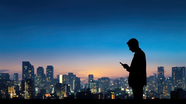 A silhouette of a person checking a smartphone against a vibrant city skyline at dusk.
