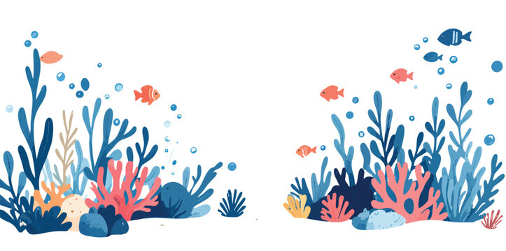 Watercolor panoramic illustration with underwater landscape for your design wallpapers, invitation cards,  Seabed with coral reef, plants, sponge, red corals and small fishes, vector illustration 