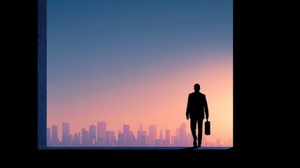 A silhouetted figure in a suit stands at an opening, overlooking a city skyline at dusk, evoking themes of ambition and opportunity.