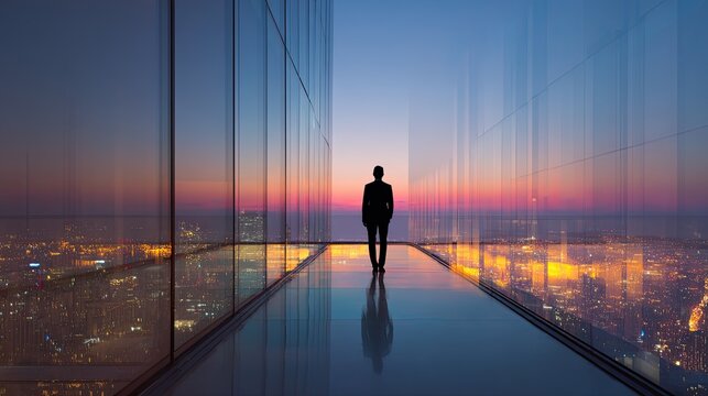 A silhouette of a man stands in a glass corridor, overlooking a vibrant cityscape at dusk, showcasing a stunning sunset.