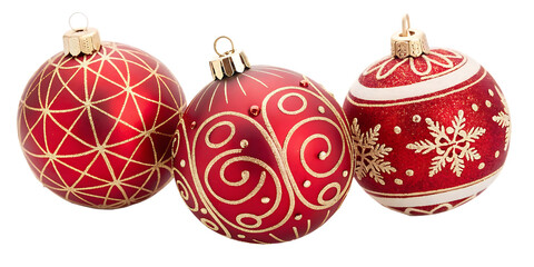 Red Christmas Ornaments with Gold Decorative Patterns. Elegant Holiday Baubles for Festive Tree Decorating and Seasonal Displays. Shiny Red and Gold Ornament Set for Christmas Design Projects. 
