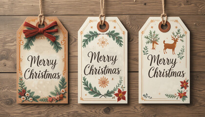 Vintage style Merry Christmas tags on rustic wood background offer festive cheer