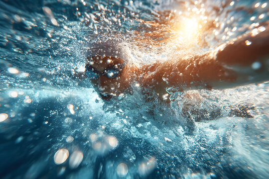 Swimmer arms are in motion, cutting through water with strength. Sports Person swimming in pool clear blue water with droplets splashing and sunlight reflecting on water surface. Competitive sport.