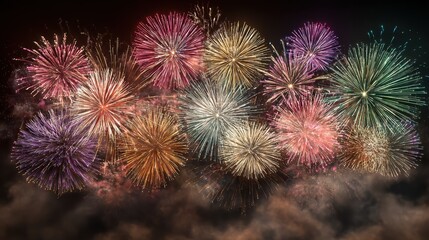 bright colorful fireworks display celebrating new year 2026 over dark night sky 2026