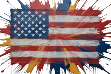 Abstract american flag with vibrant splattered paint bursting outward isolated on transparent background