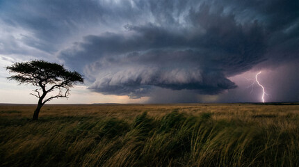 A captivating image of a stormy sky with dark clouds and lightning, showcasing a lone tree in an open grassland, ideal for nature-themed designs.
