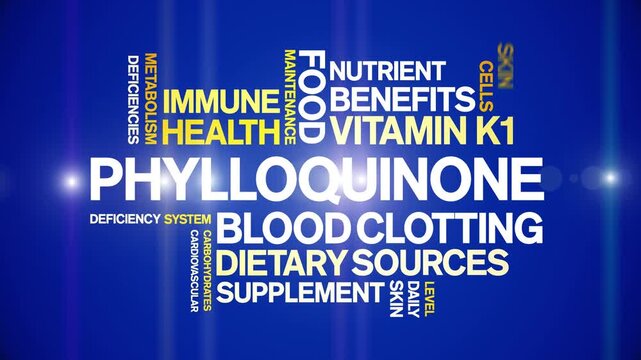 Phylloquinone Vitamin K1 animated word cloud-text design animation tag kinetic typography seamless loop.