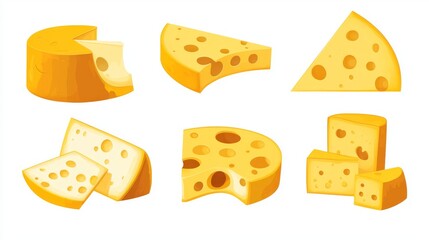 Professional vector collection of different cheese cuts featuring head of cheese wheel, multiple precision-cut slices, wedges with characteristic holes, and rectangular blocks rendered in flat yellow