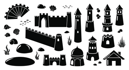 Naklejka premium Vector sandcastle building set silhouette beach summer vacation