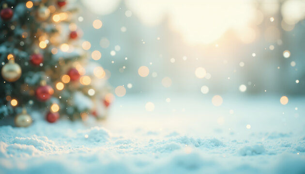 Snowy winter scene with blurred Christmas tree lights