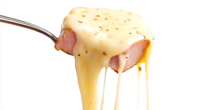 Traditional Swiss fondue fork holding perfectly cooked ham cube embraced by molten cheese blend showing visible herb flecks, dramatic cheese pull with golden strands stretching downward, isolated on