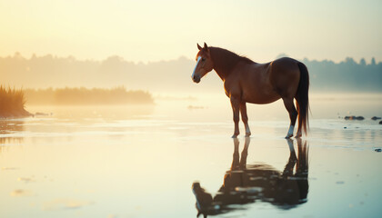 Horse standing by water at sunrise &ndash; New Year zodiac &ldquo;Horse&rdquo; theme