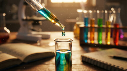 A pipette drops vibrant liquid into a test tube, creating a dynamic laboratory atmosphere, perfect for educational content or science ads.